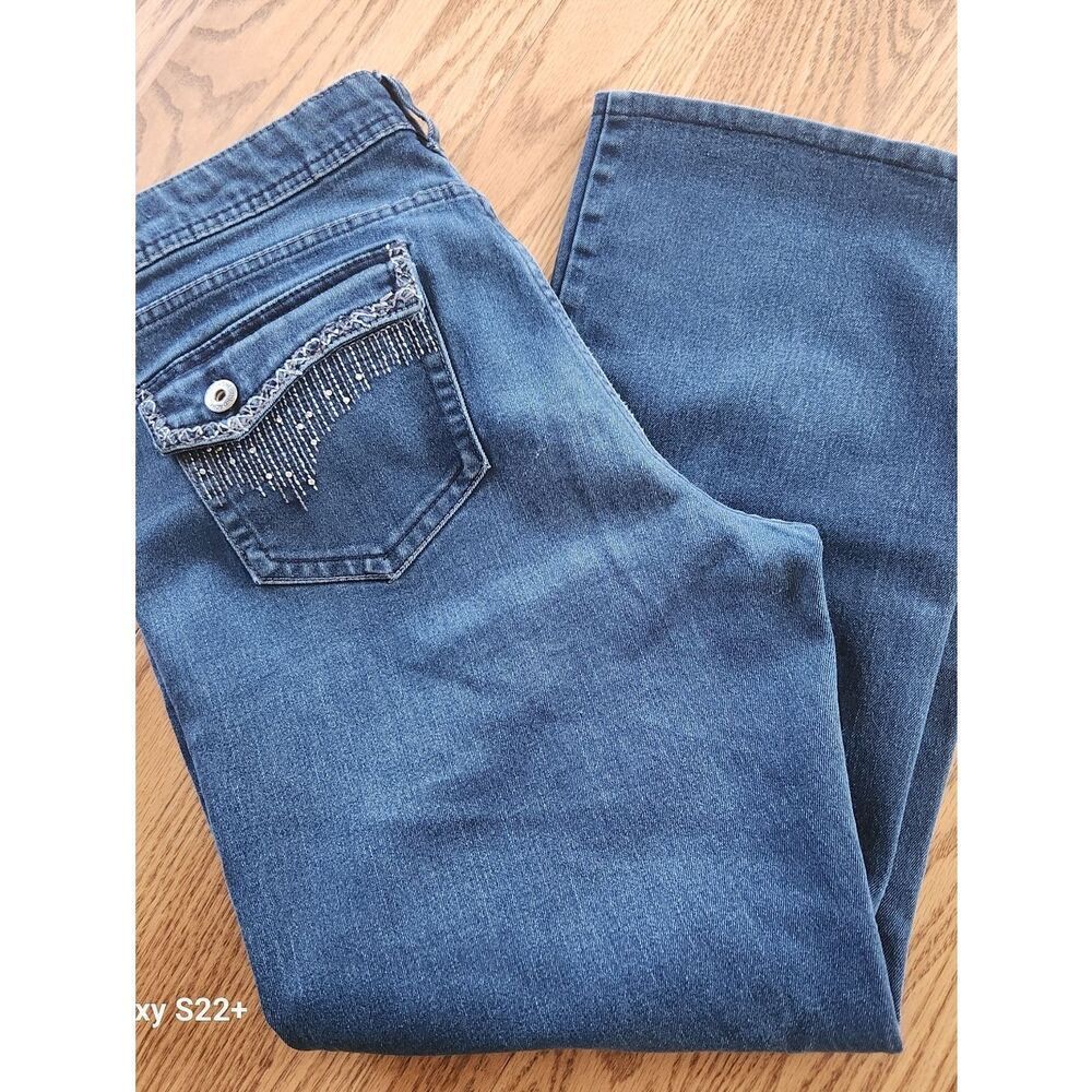 2 Jordache Bootcut Blue Jeans with Rhinestone & embroidered Pockets Medium wash